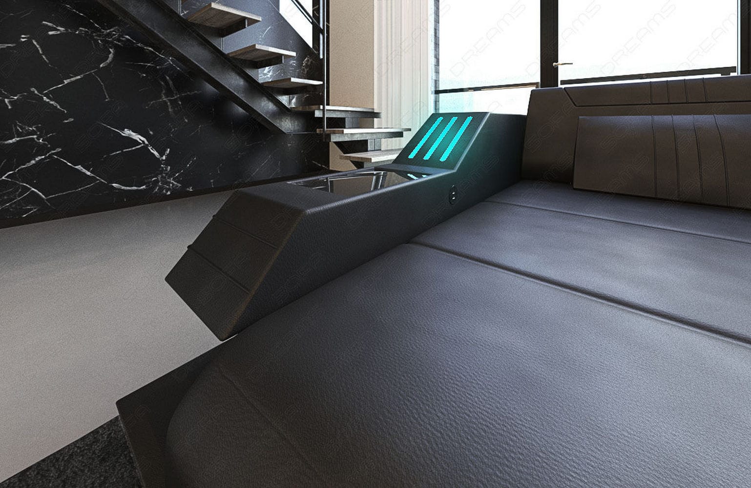 Ledersofa Wohnlandschaft Ravenna XL mit LED schwarz