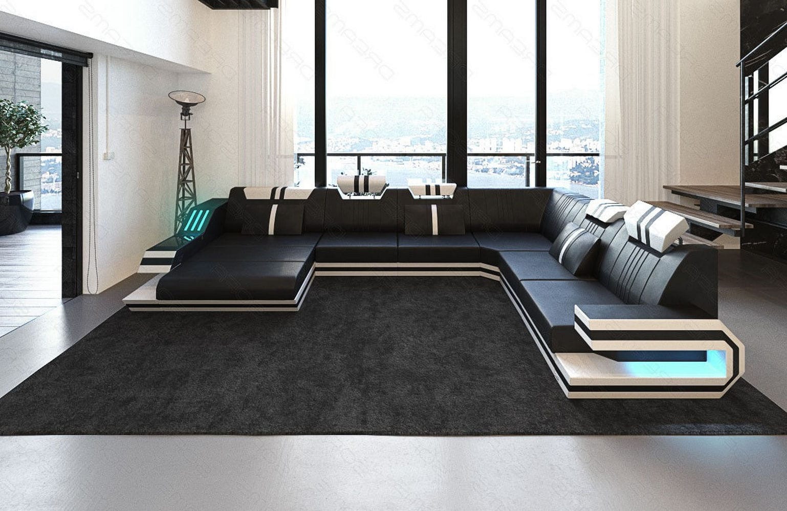 Ledersofa Wohnlandschaft Ravenna XL mit LED schwarz-weiß