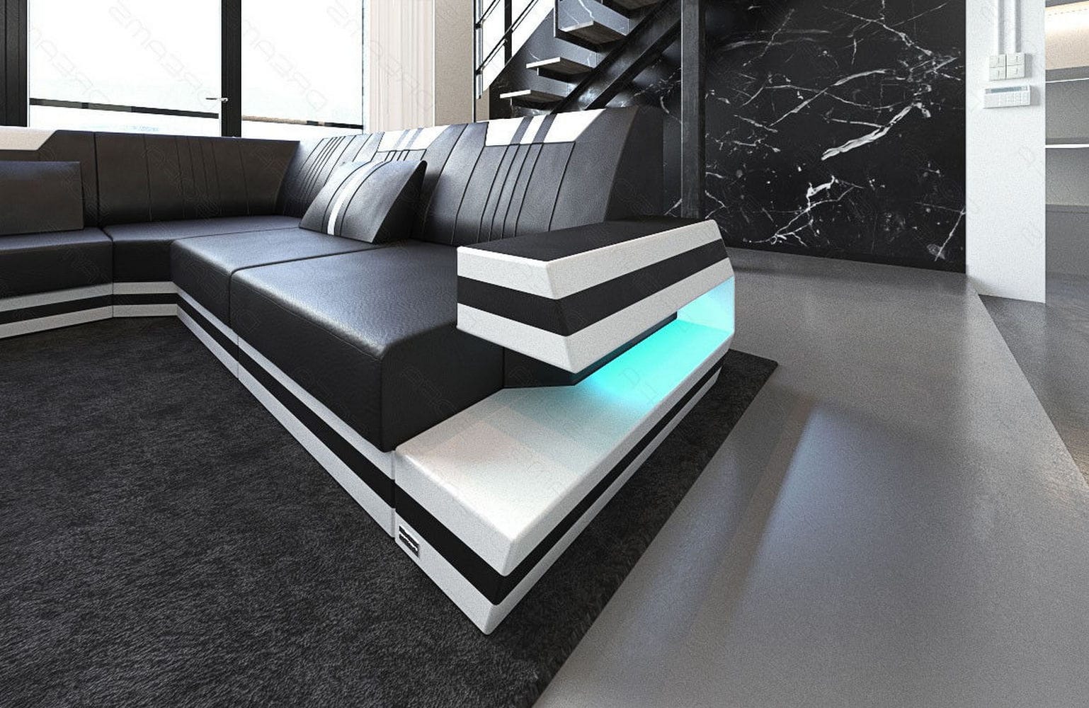 Ledersofa Wohnlandschaft Ravenna XL mit LED schwarz-weiß