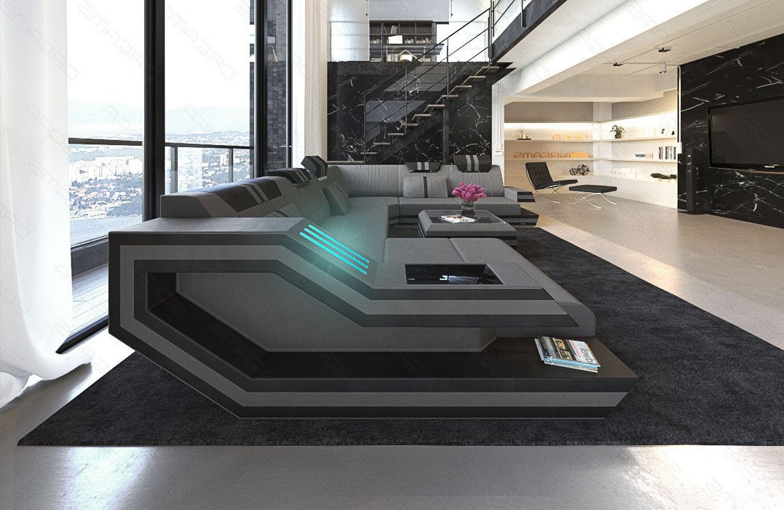 Ledersofa Wohnlandschaft Ravenna XL mit LED grau-schwarz