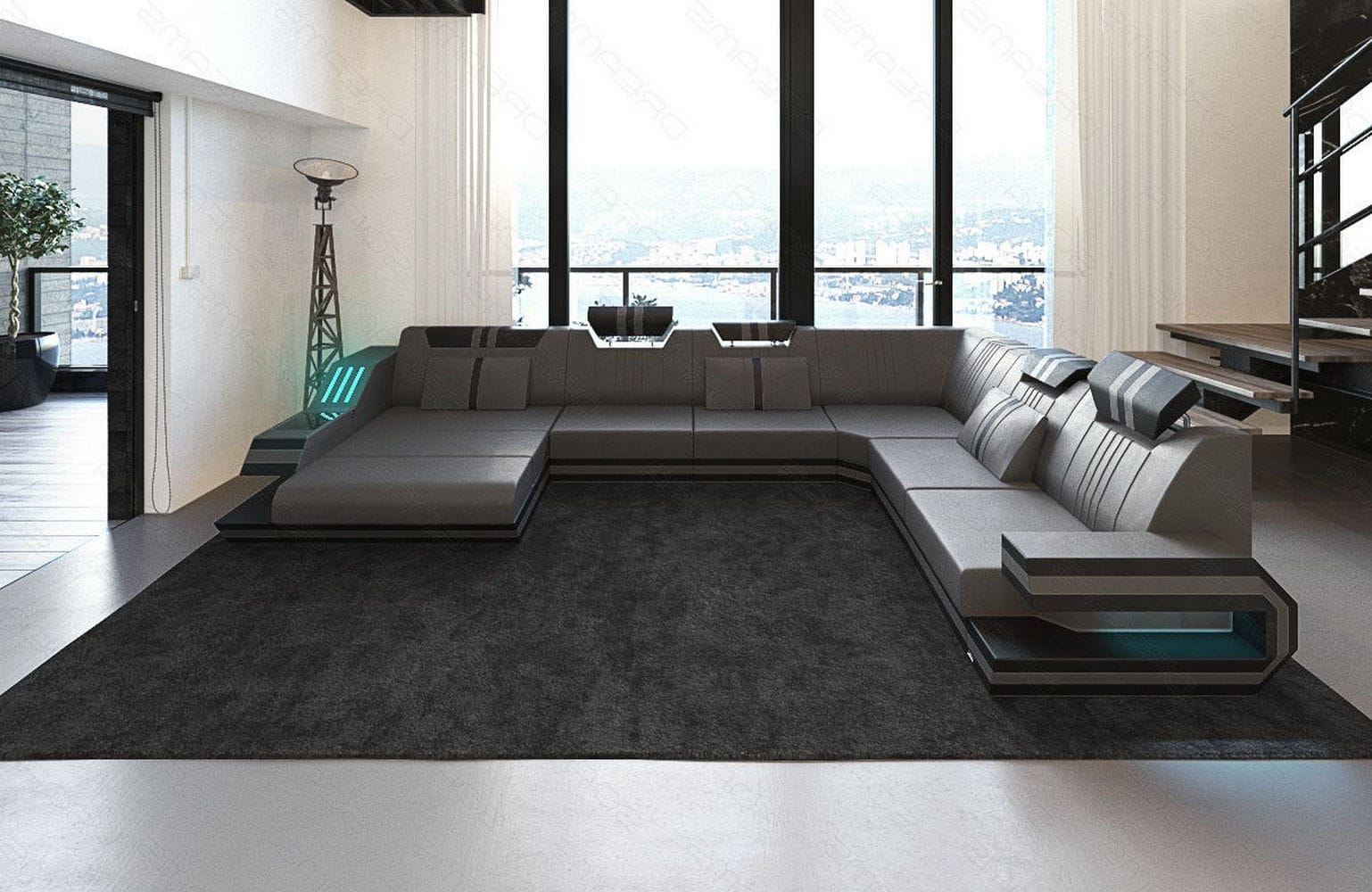 Ledersofa Wohnlandschaft Ravenna XL mit LED grau-schwarz