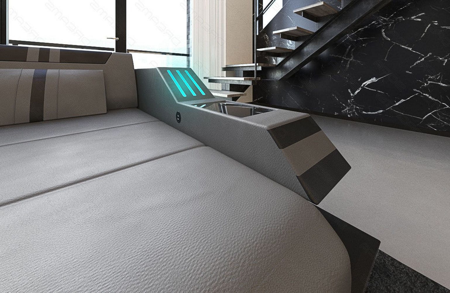 Ledersofa Wohnlandschaft Ravenna XL mit LED grau-schwarz