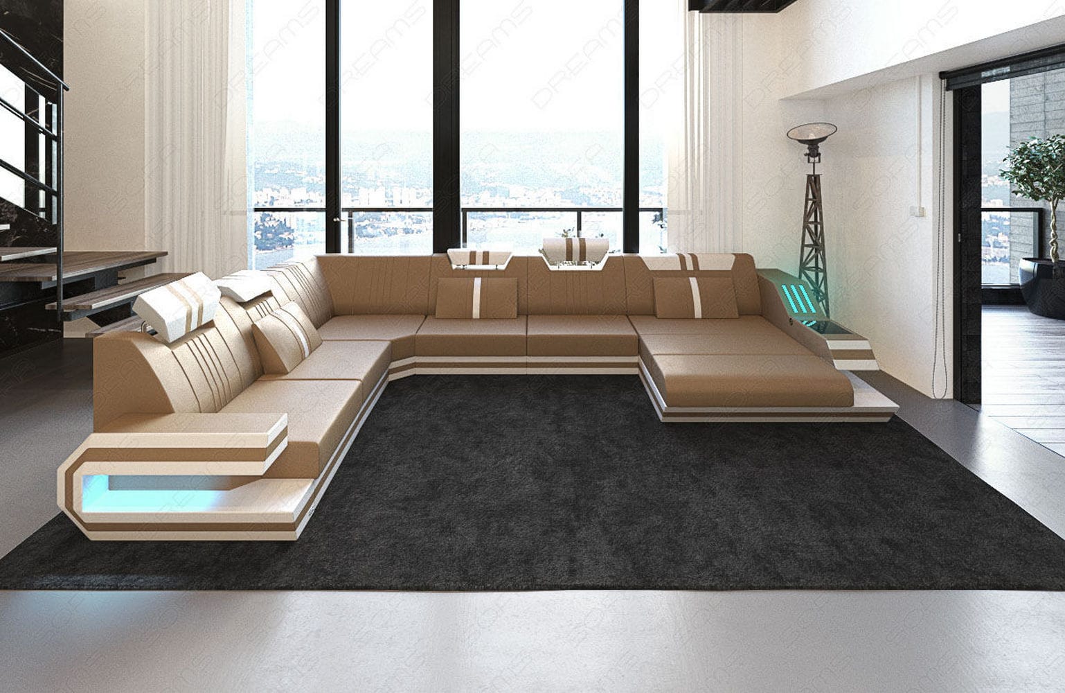 Ledersofa Wohnlandschaft Ravenna XL mit LED sandbeige-weiß
