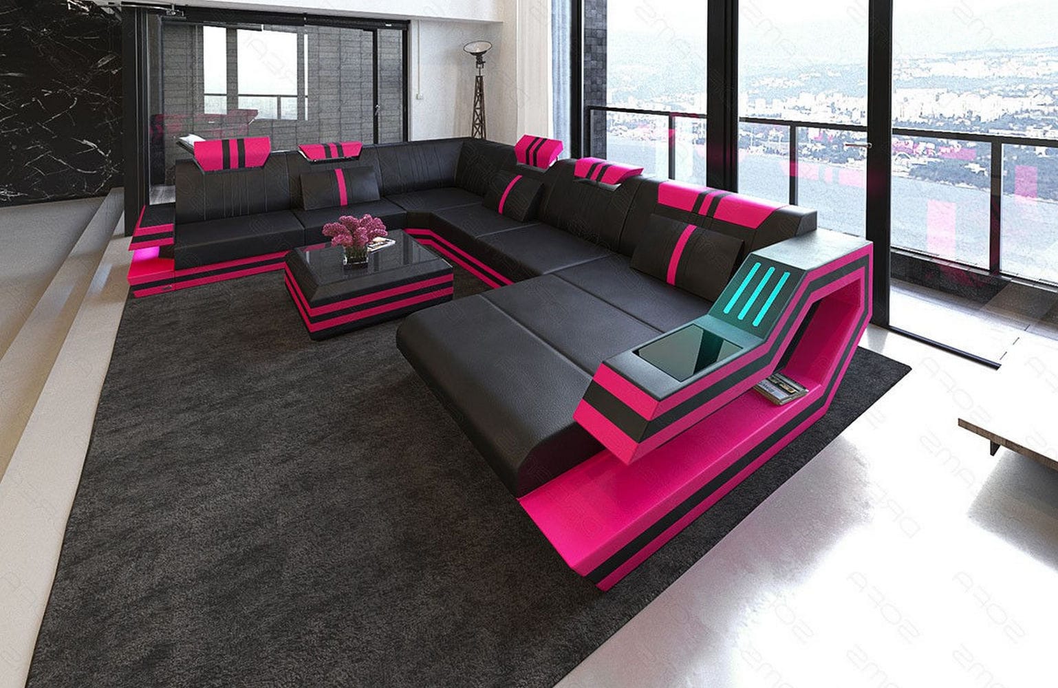 Ledersofa Wohnlandschaft Ravenna XL mit LED schwarz-pink