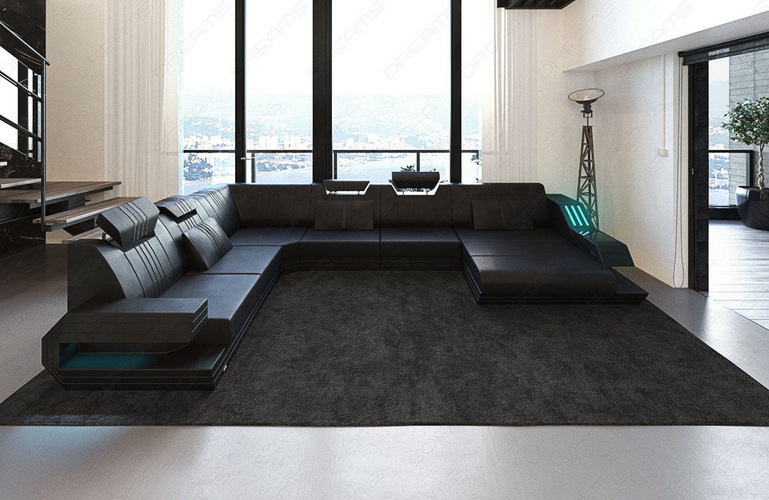 Ledersofa Wohnlandschaft Ravenna XL mit LED schwarz