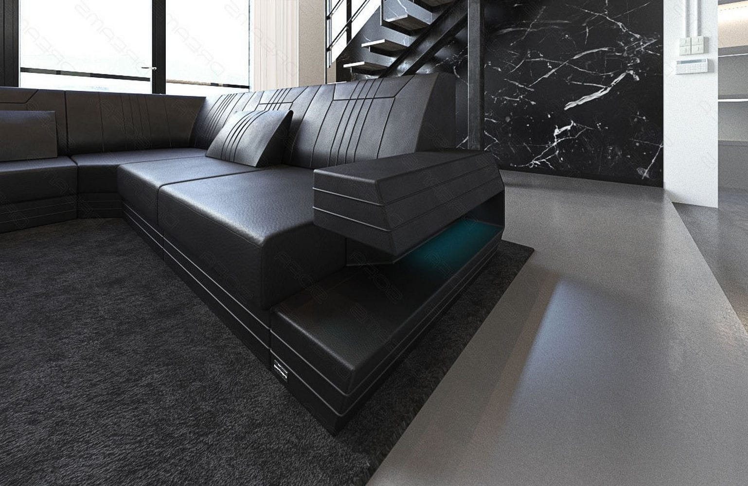 Ledersofa Wohnlandschaft Ravenna XL mit LED schwarz
