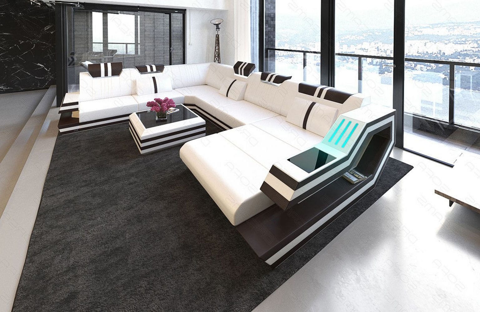 Ledersofa Wohnlandschaft Ravenna XL mit LED weiß-dunkelbraun