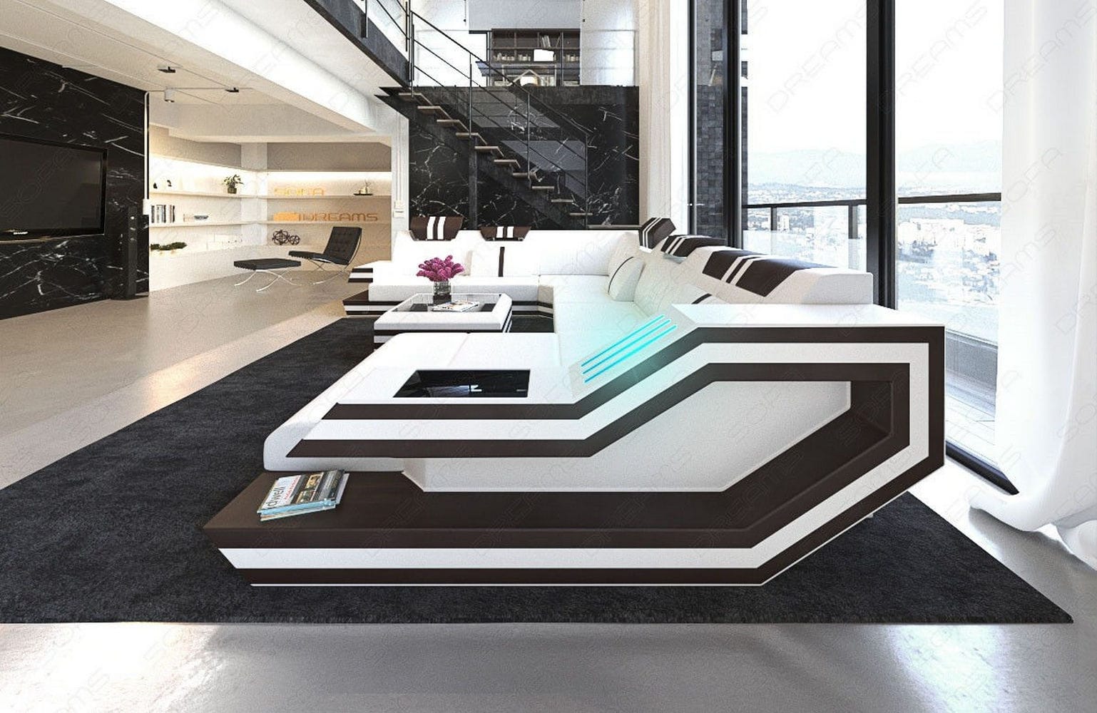 Ledersofa Wohnlandschaft Ravenna XL mit LED weiß-dunkelbraun