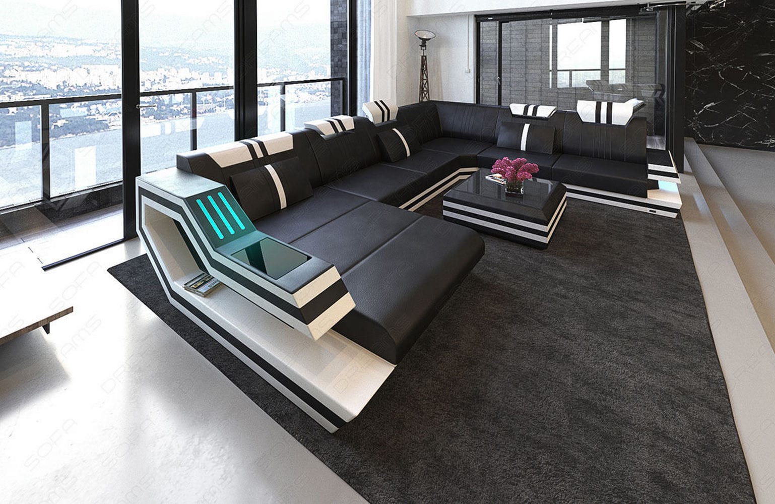 Ledersofa Wohnlandschaft Ravenna XL mit LED schwarz-weiß