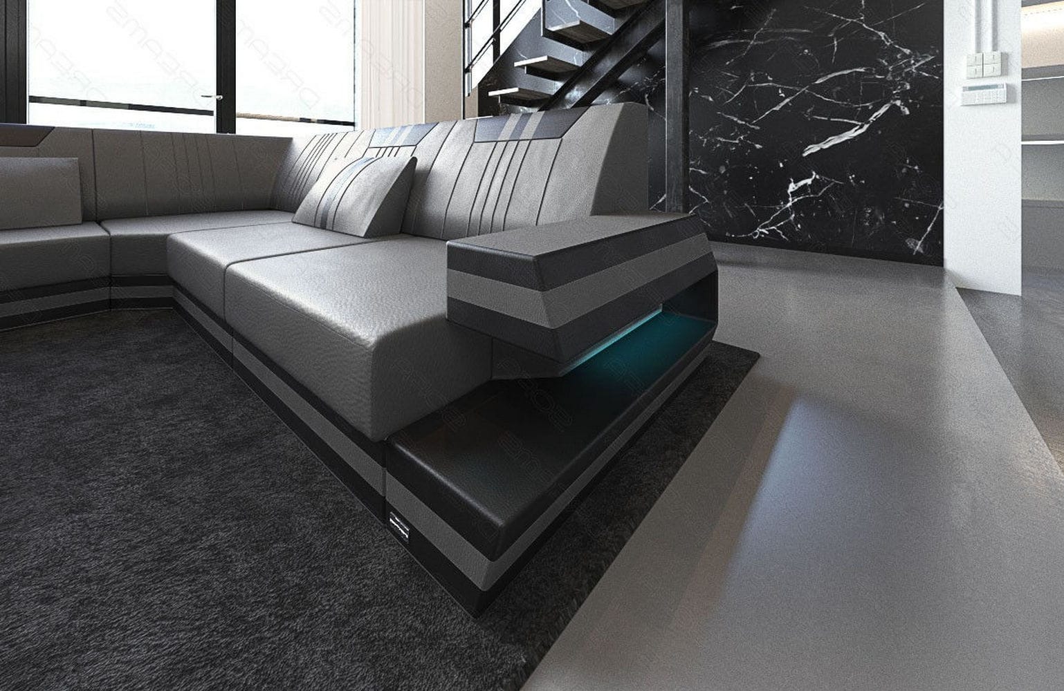 Ledersofa Wohnlandschaft Ravenna XL mit LED grau-schwarz