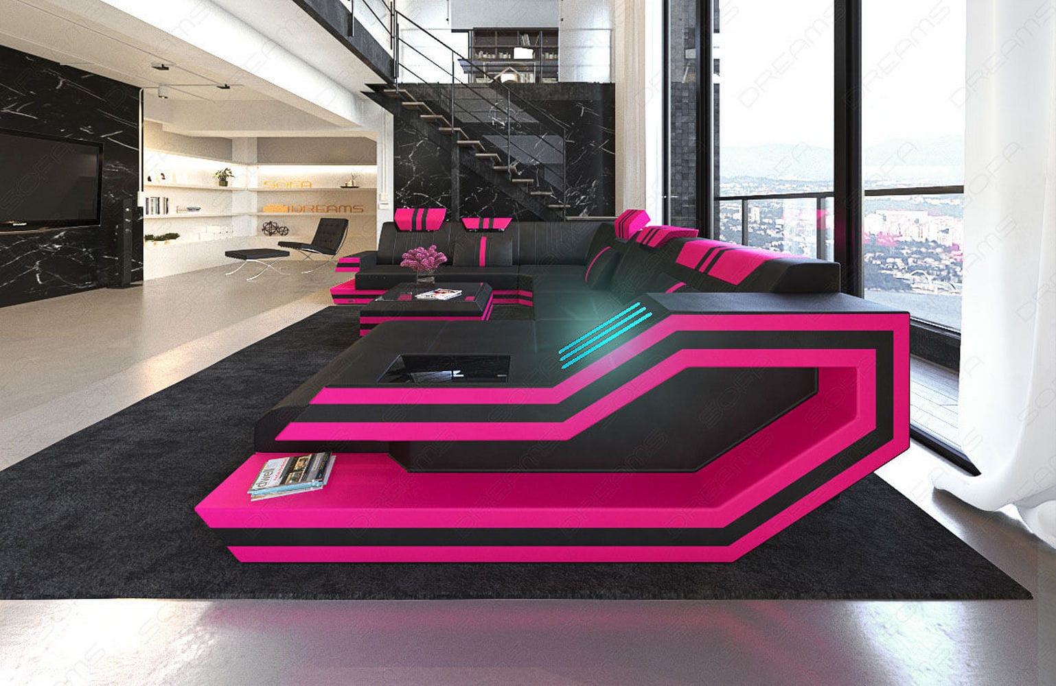 Ledersofa Wohnlandschaft Ravenna XL mit LED schwarz-pink