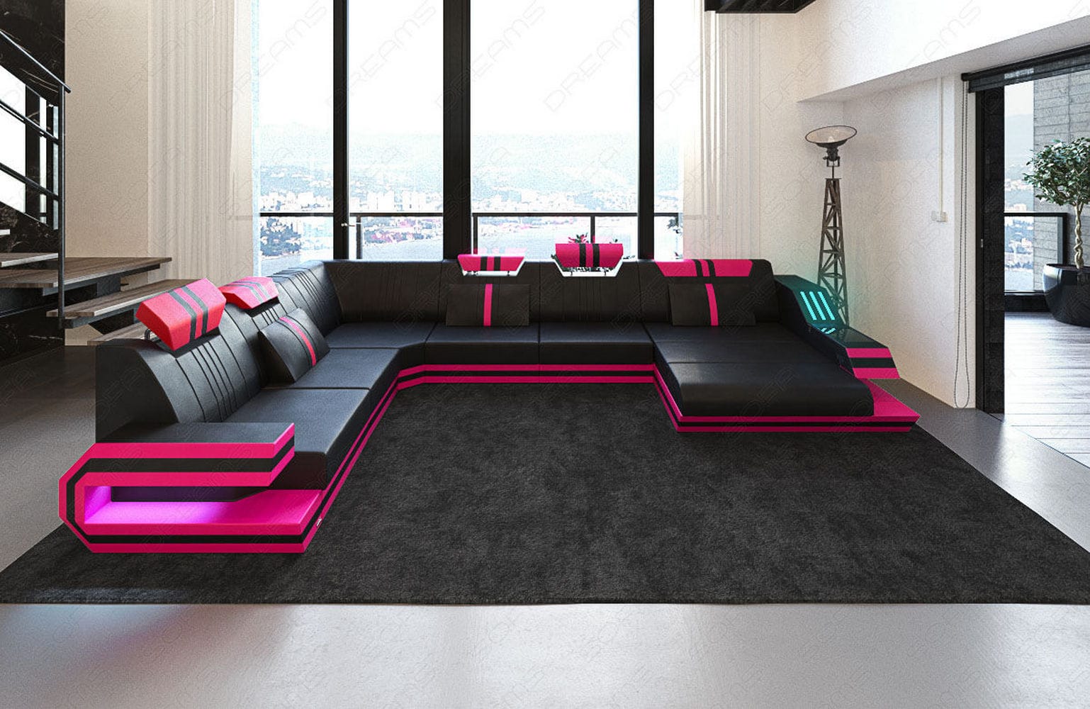 Ledersofa Wohnlandschaft Ravenna XL mit LED schwarz-pink