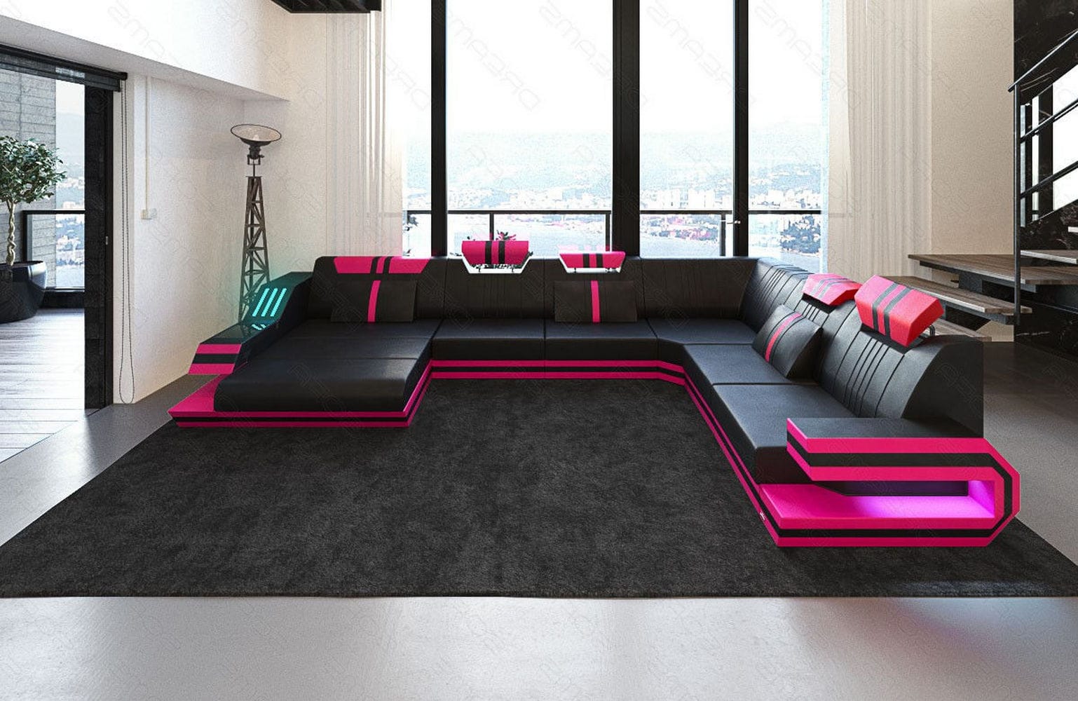 Ledersofa Wohnlandschaft Ravenna XL mit LED schwarz-pink