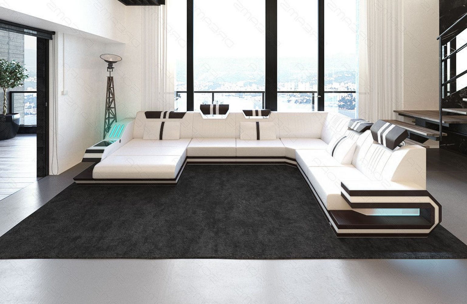 Ledersofa Wohnlandschaft Ravenna XL mit LED weiß-dunkelbraun