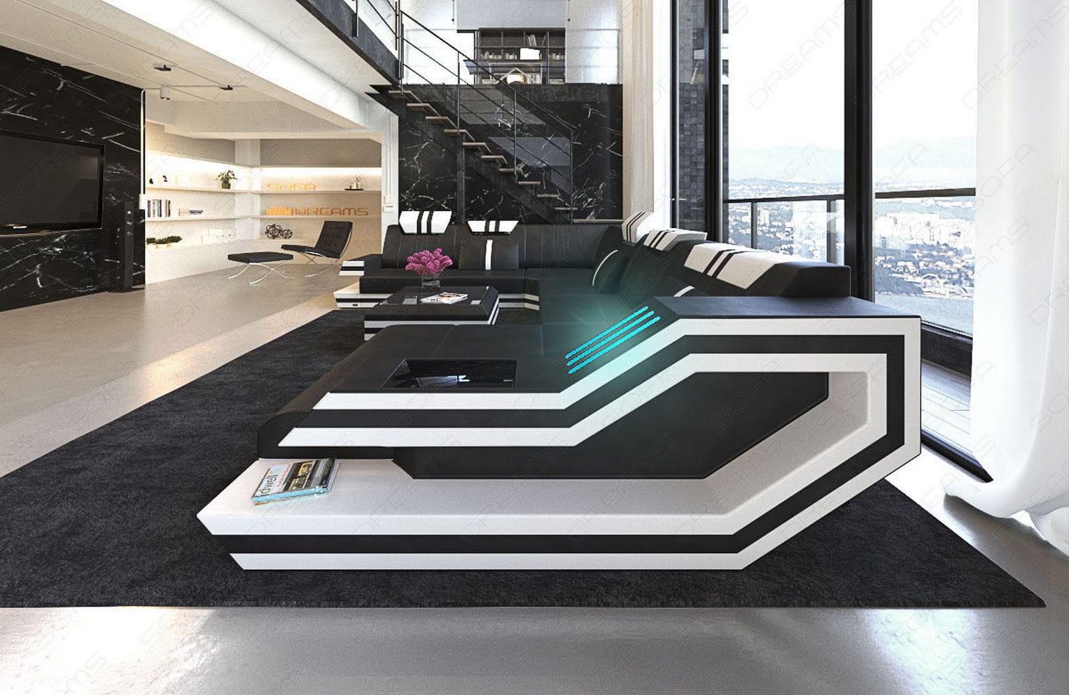 Ledersofa Wohnlandschaft Ravenna XL mit LED schwarz-weiß