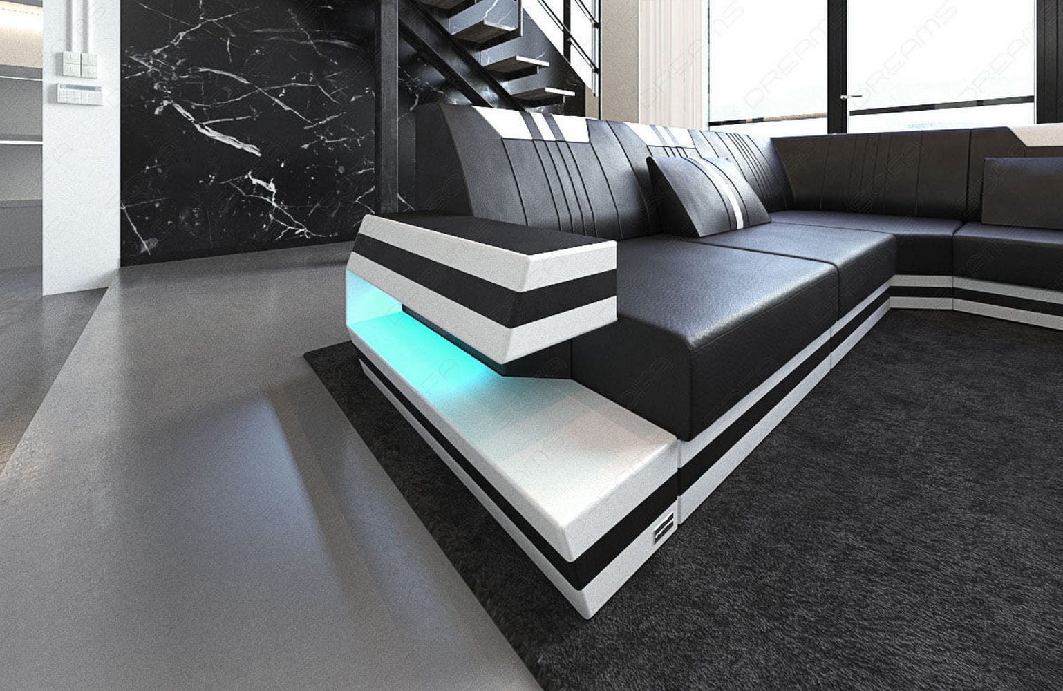 Ledersofa Wohnlandschaft Ravenna XL mit LED schwarz-weiß
