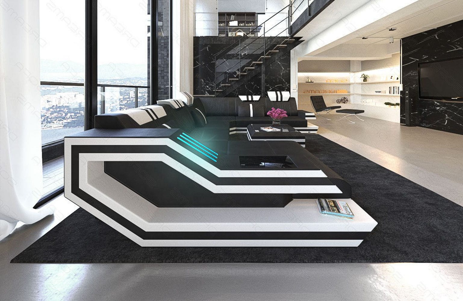 Ledersofa Wohnlandschaft Ravenna XL mit LED schwarz-weiß