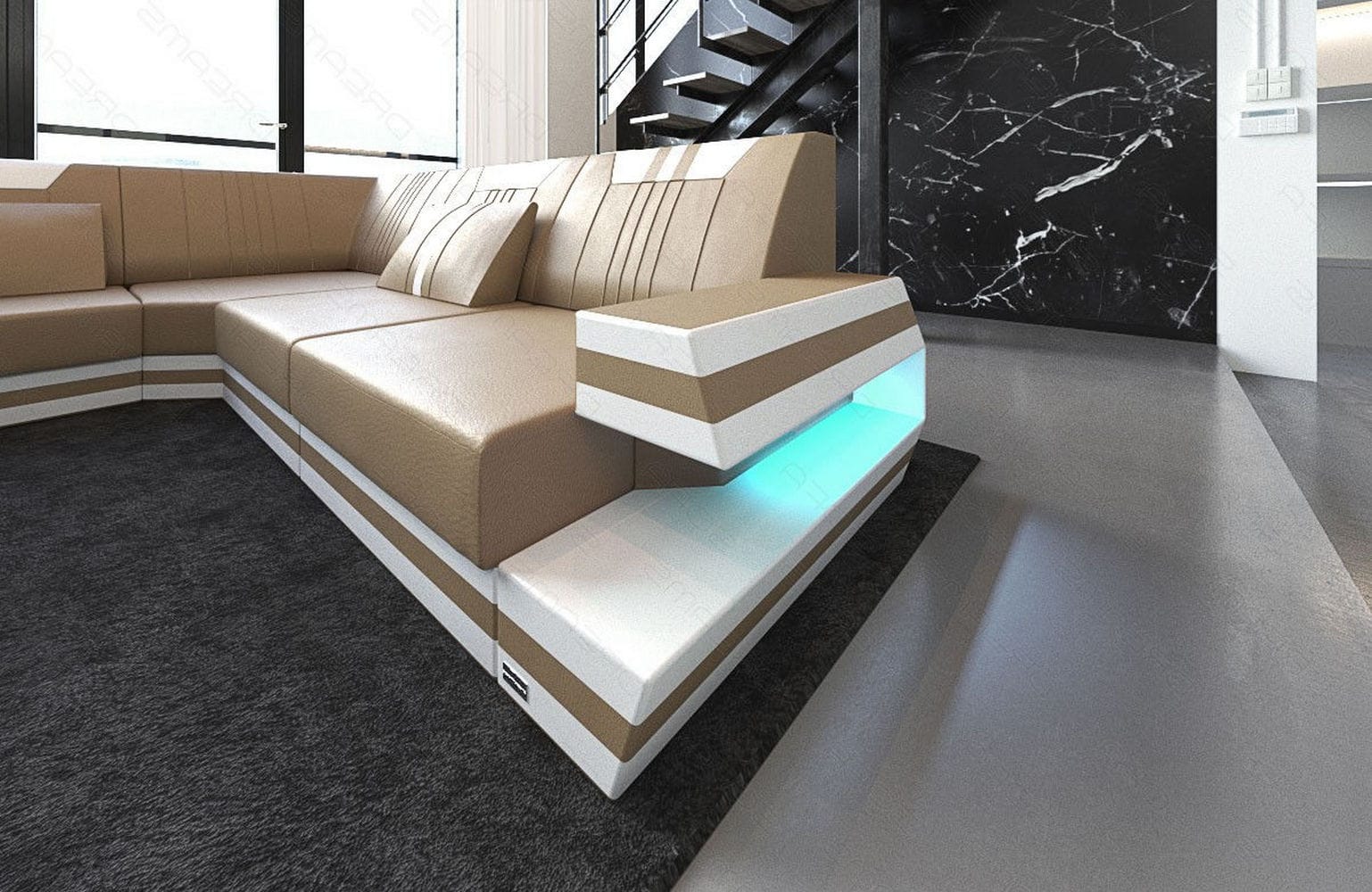 Ledersofa Wohnlandschaft Ravenna XL mit LED sandbeige-weiß