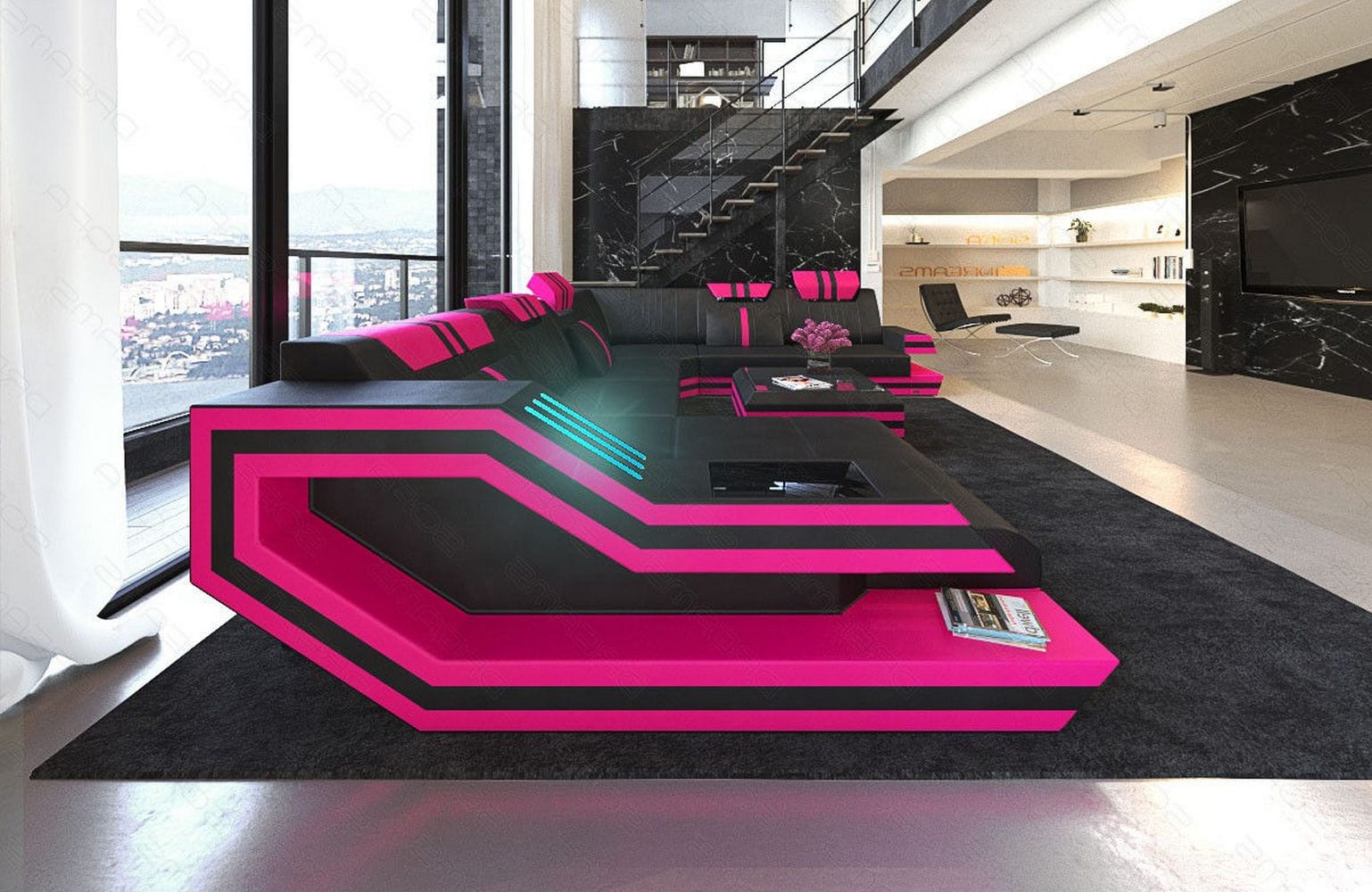 Ledersofa Wohnlandschaft Ravenna XL mit LED schwarz-pink