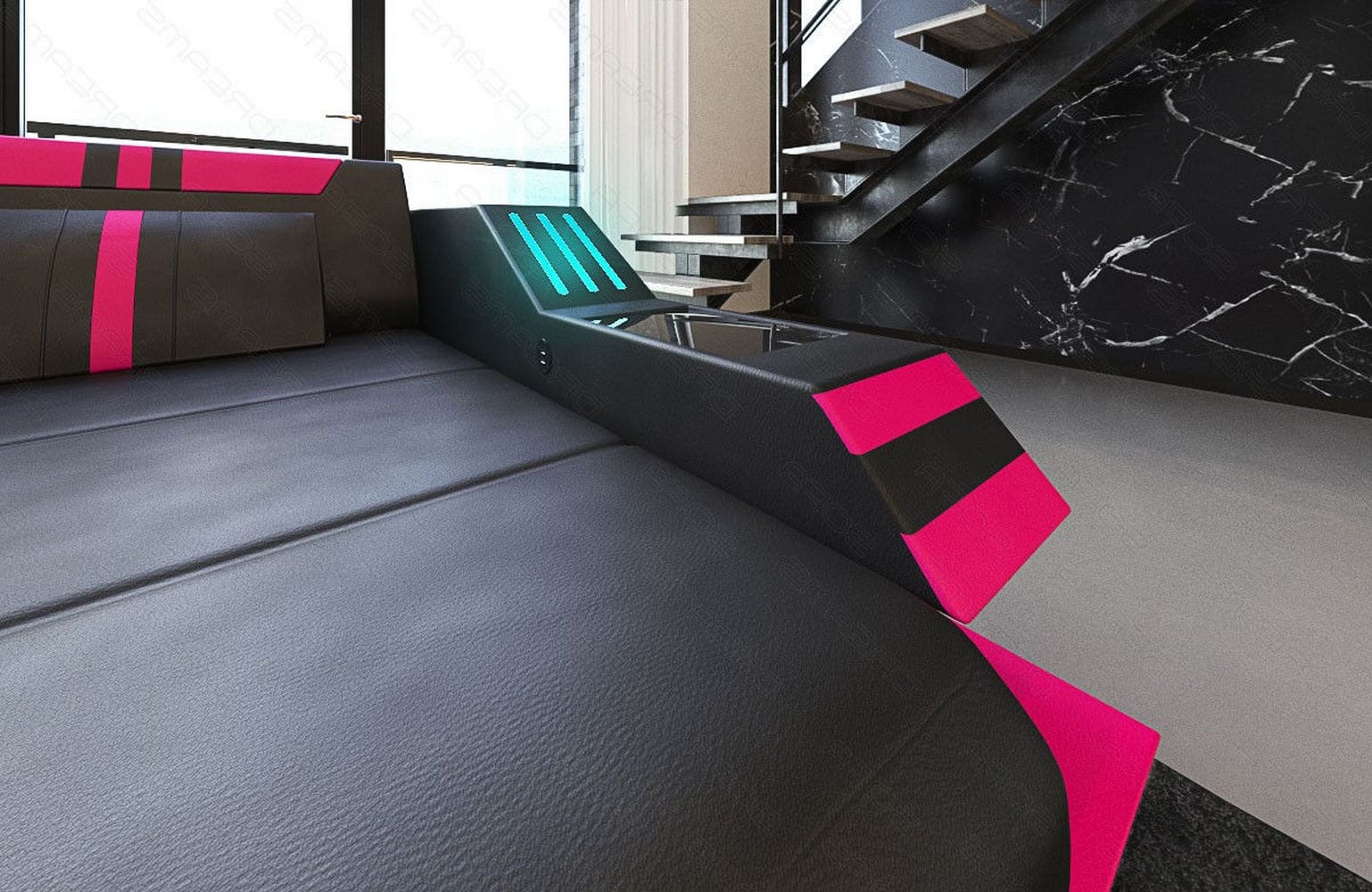 Ledersofa Wohnlandschaft Ravenna XL mit LED schwarz-pink