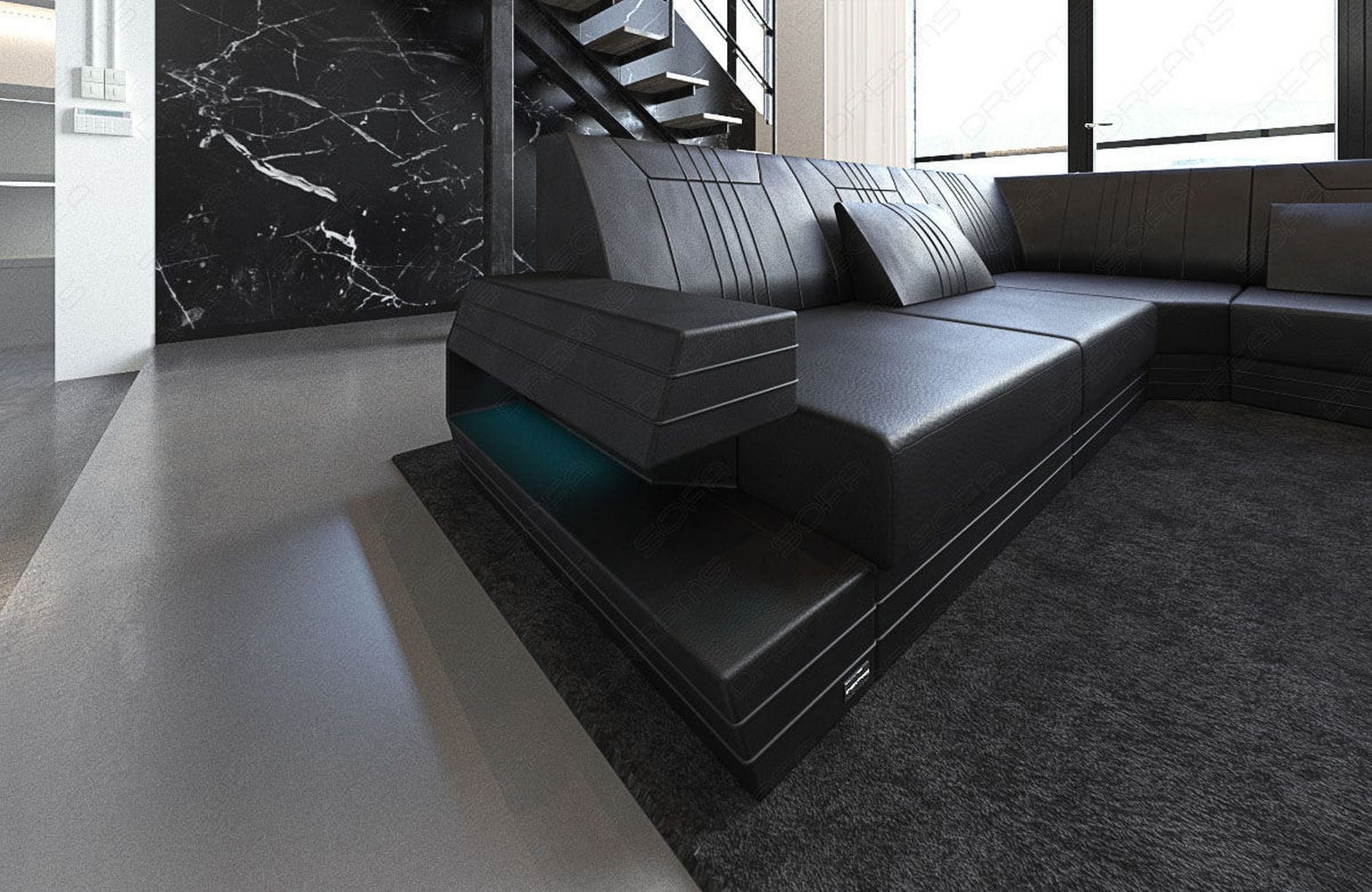Ledersofa Wohnlandschaft Ravenna XL mit LED schwarz