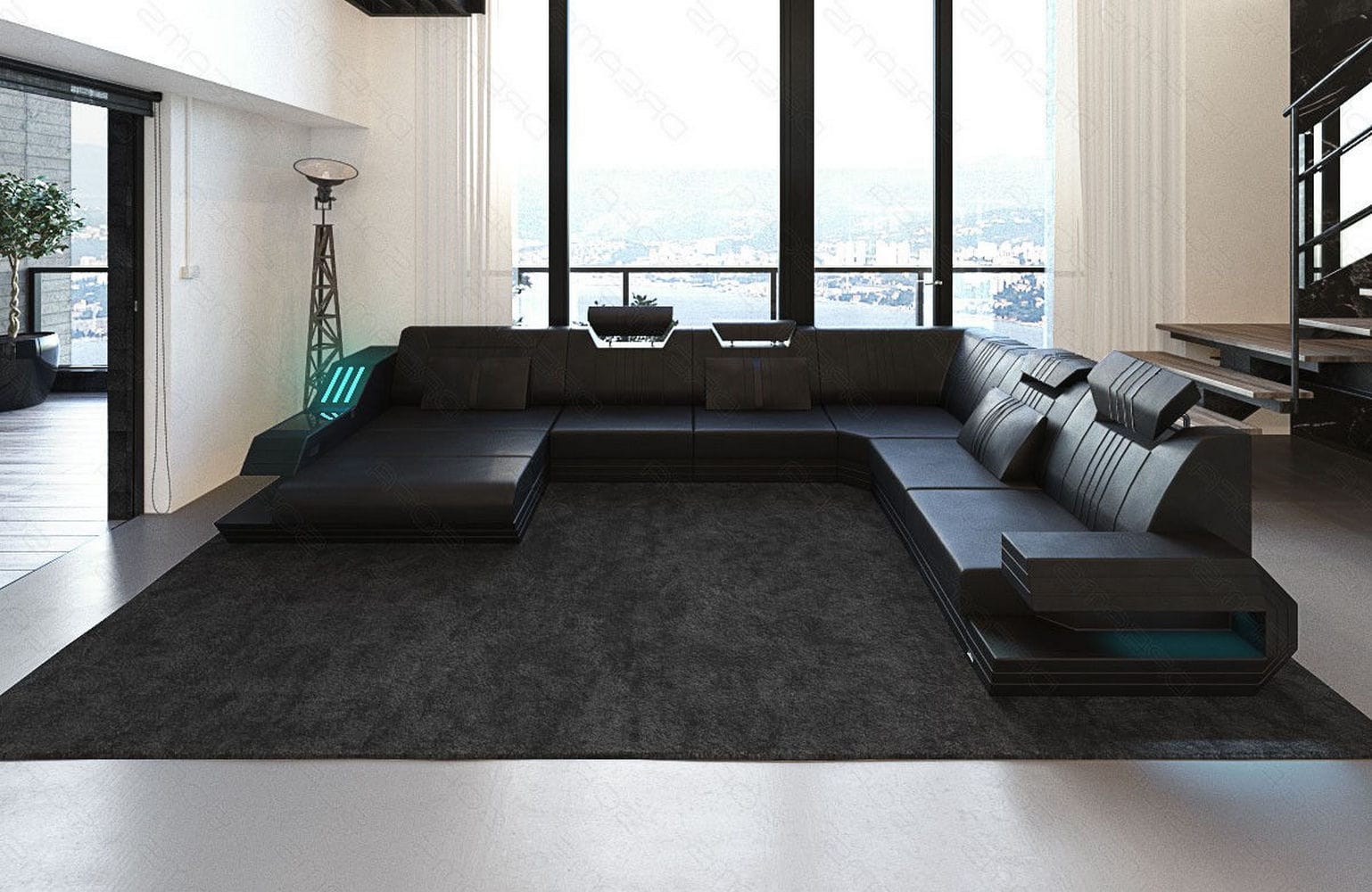 Ledersofa Wohnlandschaft Ravenna XL mit LED schwarz