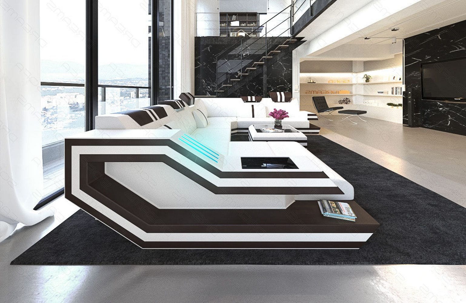 Ledersofa Wohnlandschaft Ravenna XL mit LED weiß-dunkelbraun