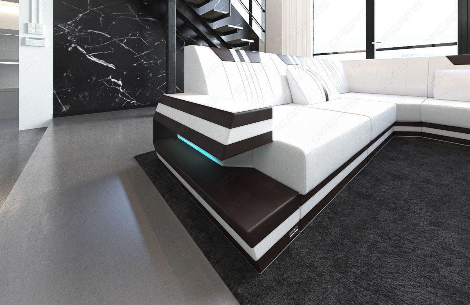 Ledersofa Wohnlandschaft Ravenna XL mit LED weiß-dunkelbraun