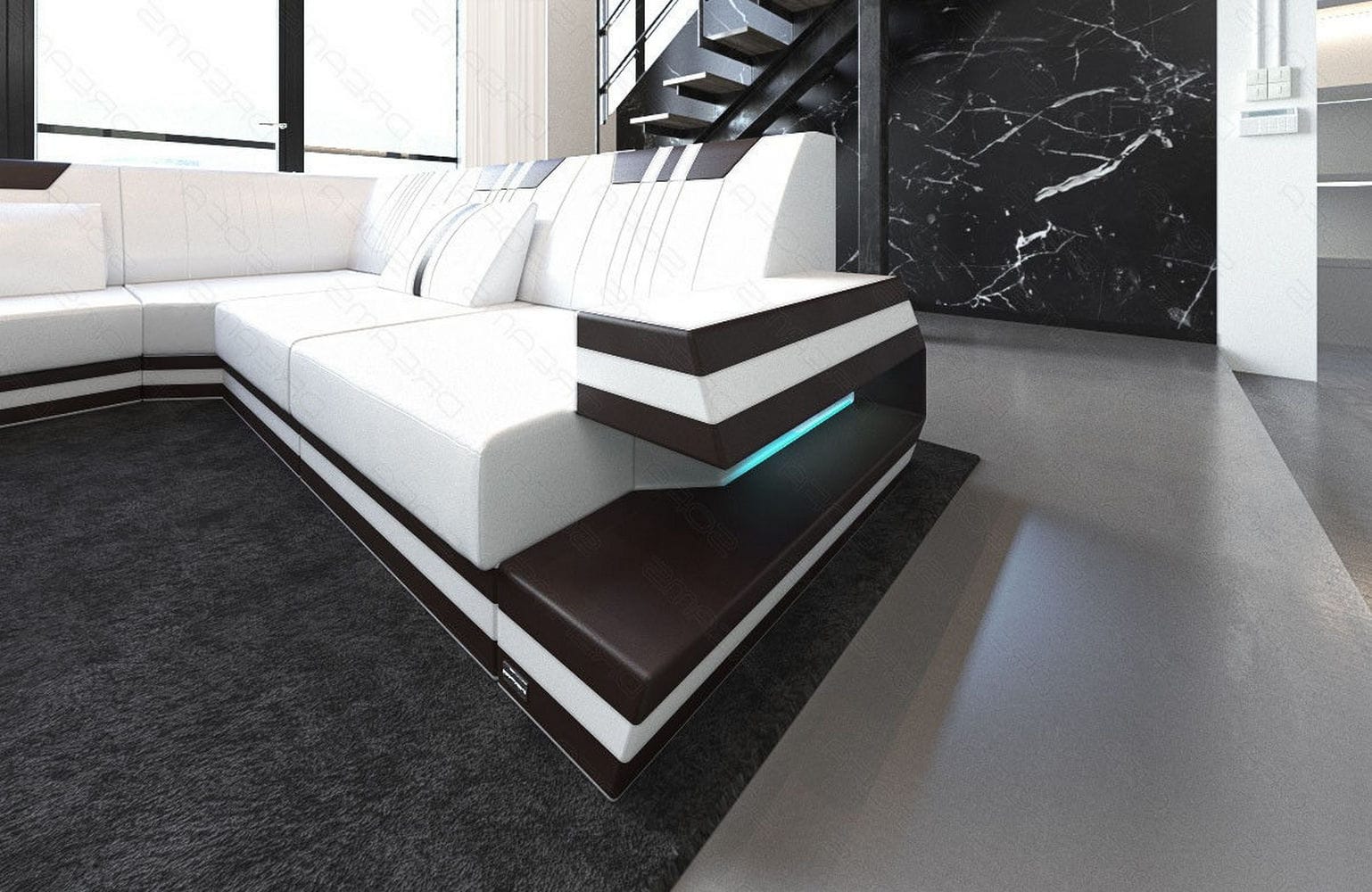 Ledersofa Wohnlandschaft Ravenna XL mit LED weiß-dunkelbraun
