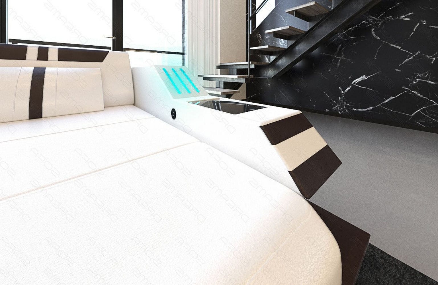 Ledersofa Wohnlandschaft Ravenna XL mit LED weiß-dunkelbraun