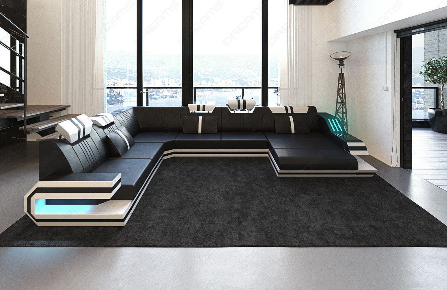 Ledersofa Wohnlandschaft Ravenna XL mit LED schwarz-weiß