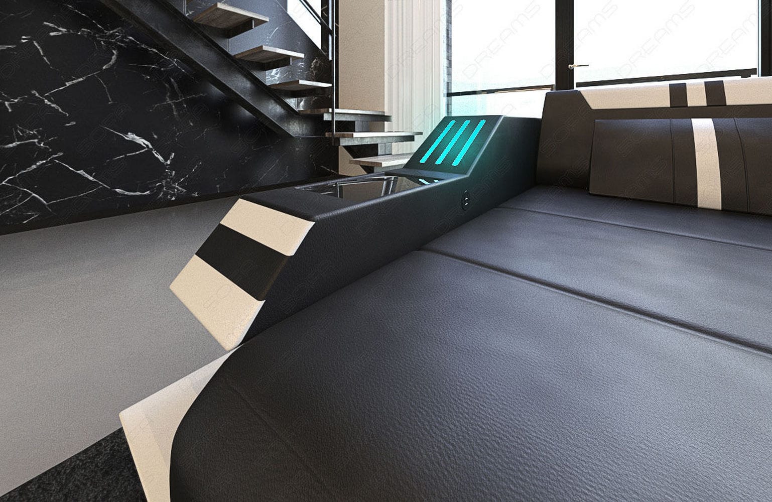 Ledersofa Wohnlandschaft Ravenna XL mit LED schwarz-weiß