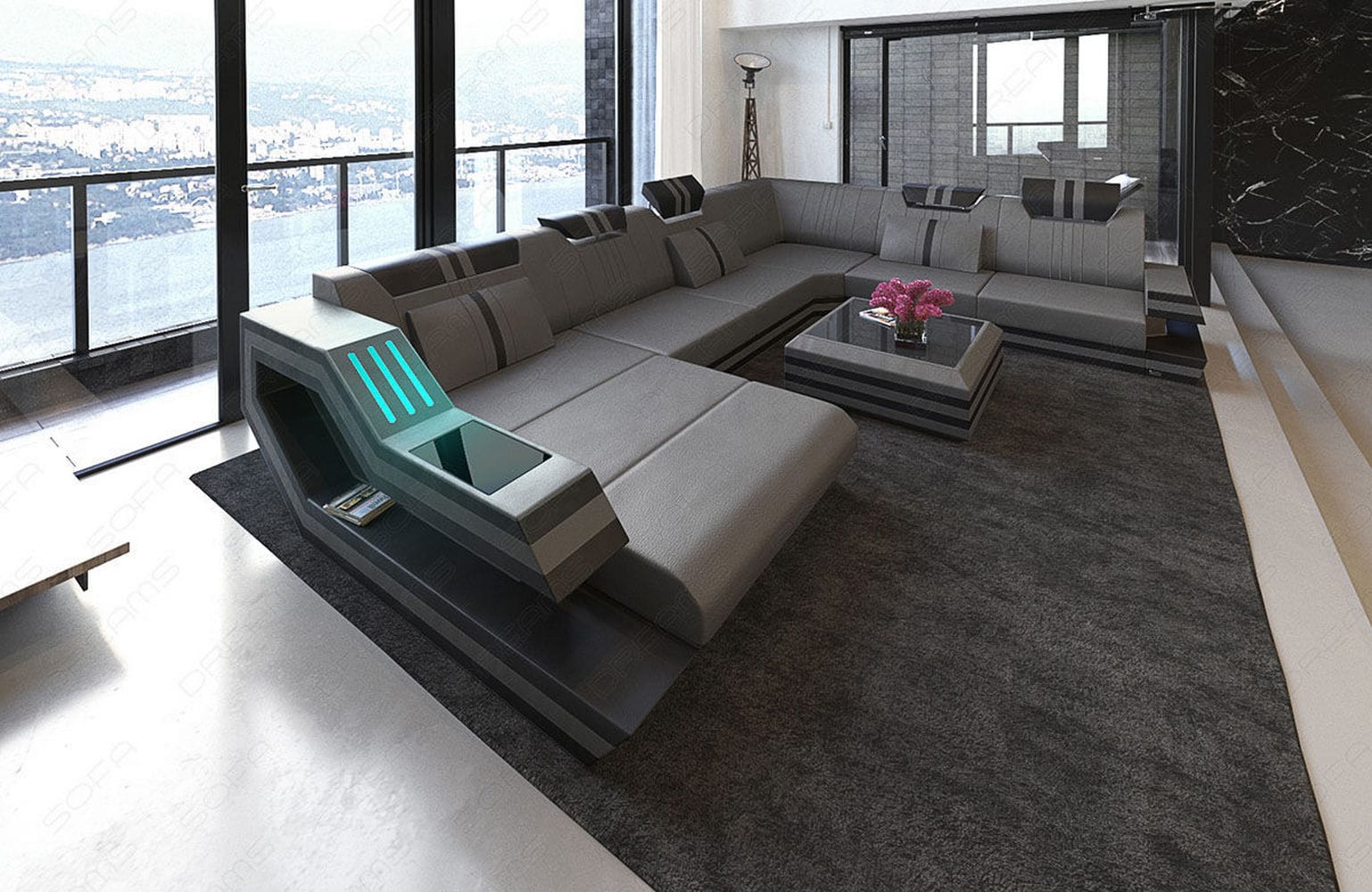 Ledersofa Wohnlandschaft Ravenna XL mit LED grau-schwarz