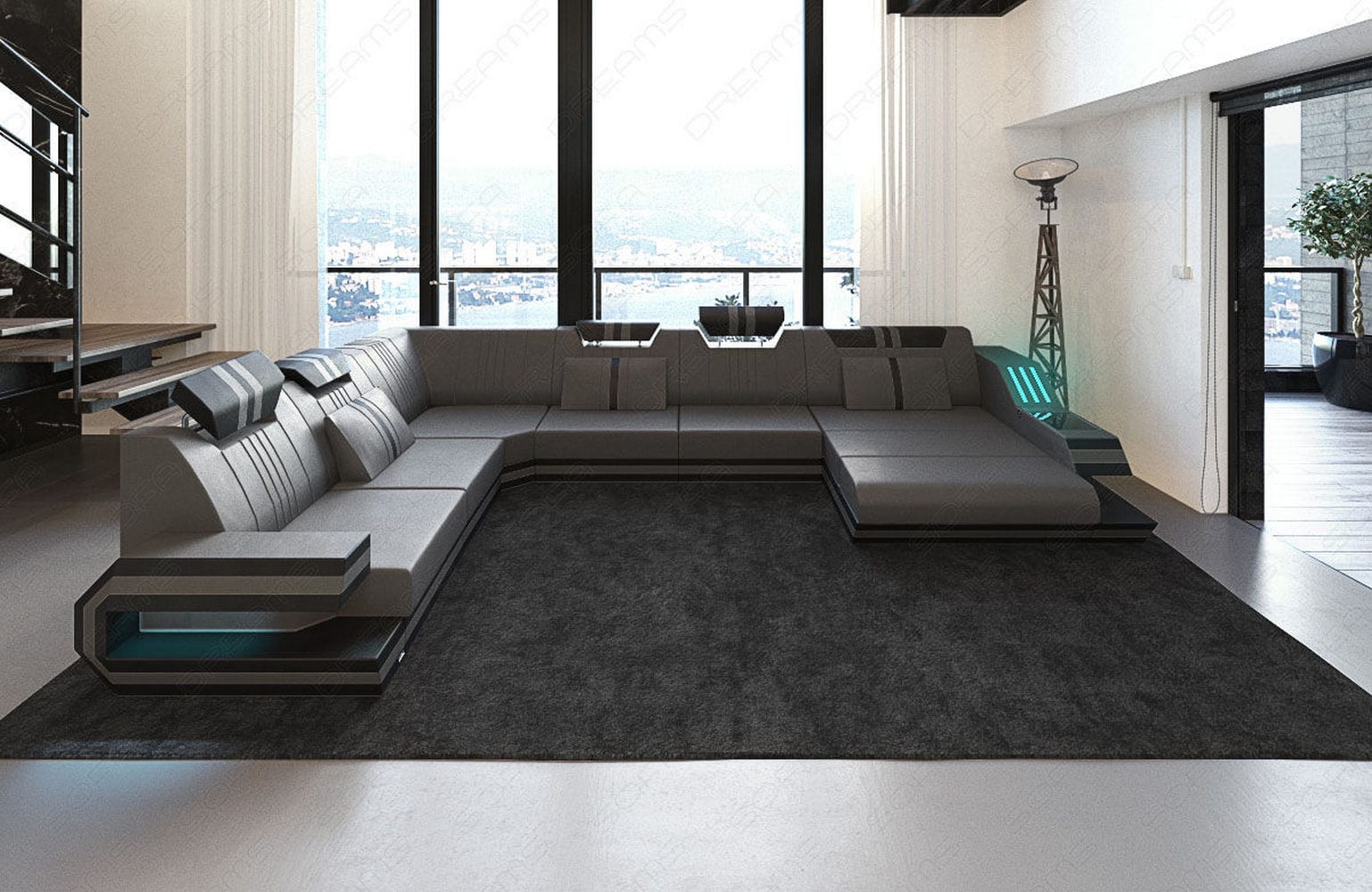 Ledersofa Wohnlandschaft Ravenna XL mit LED grau-schwarz