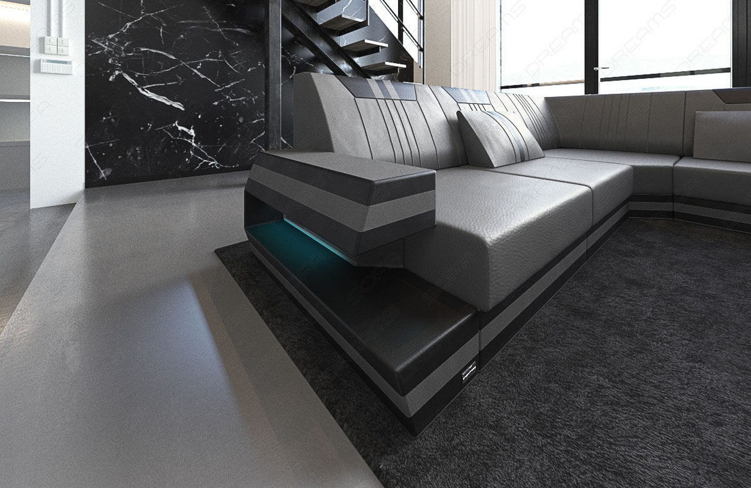 Ledersofa Wohnlandschaft Ravenna XL mit LED grau-schwarz