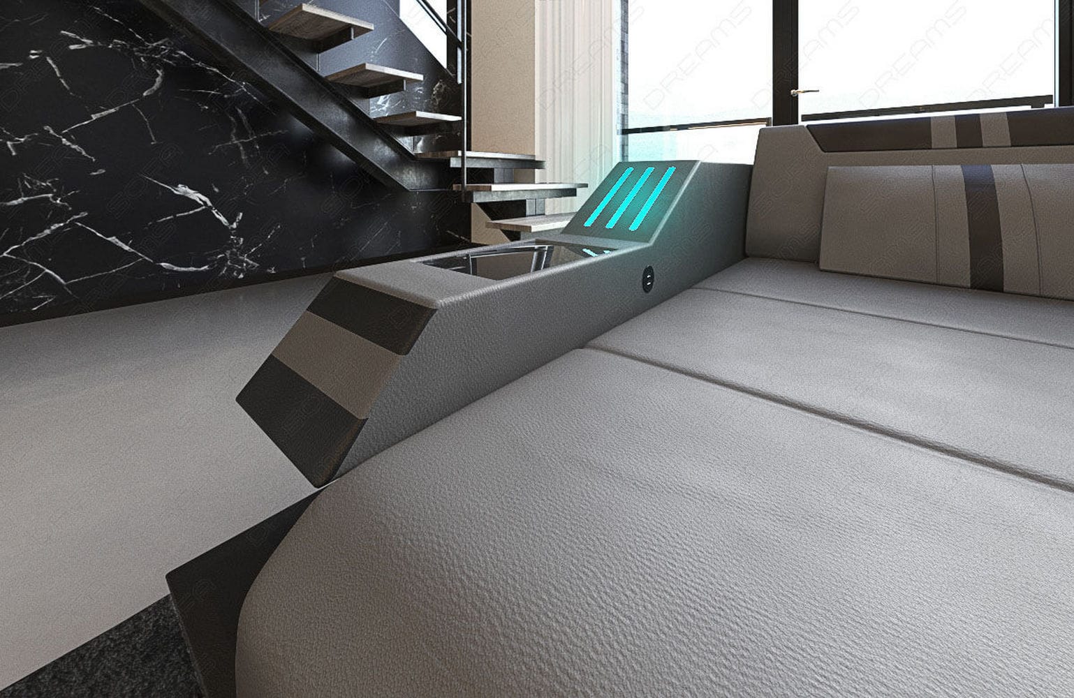 Ledersofa Wohnlandschaft Ravenna XL mit LED grau-schwarz