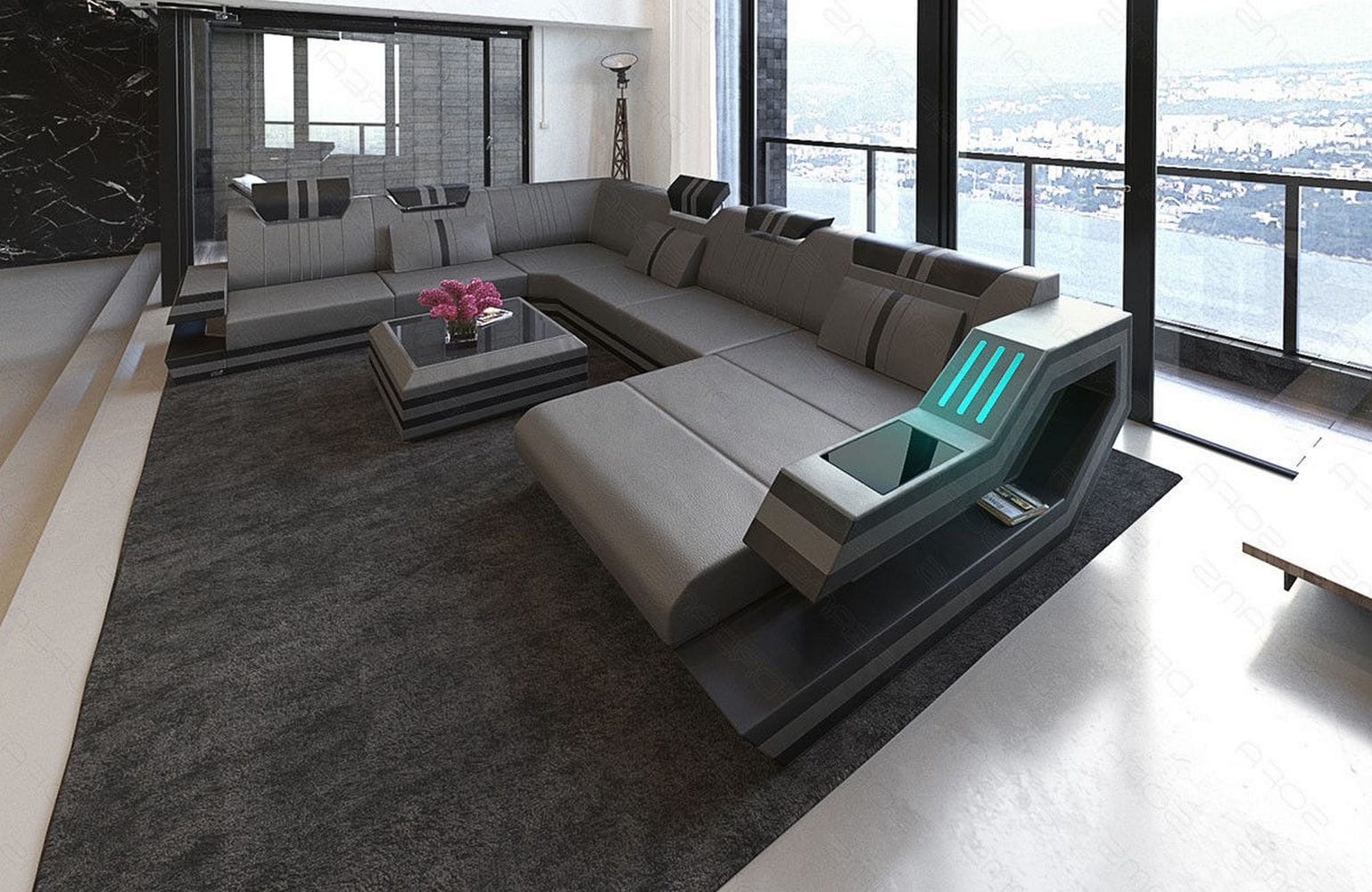 Ledersofa Wohnlandschaft Ravenna XL mit LED grau-schwarz