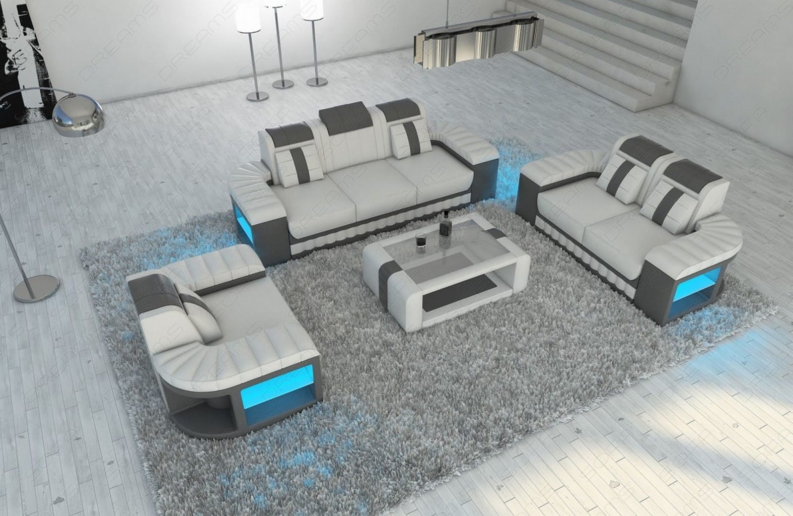 Design Sofagarnitur Bellagio 3er, 2er, 1er Set Weiß-Grau