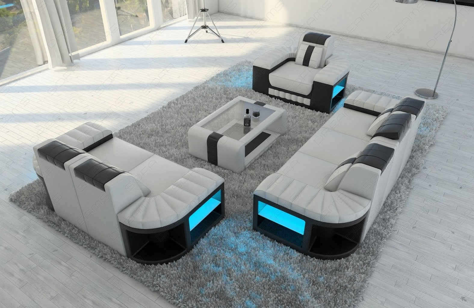 Design Sofagarnitur Bellagio 3er, 2er, 1er Set Weiß-Schwarz