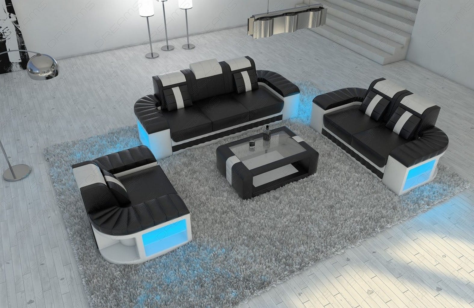 Design Sofagarnitur Bellagio 3er, 2er, 1er Set Schwarz-Weiß