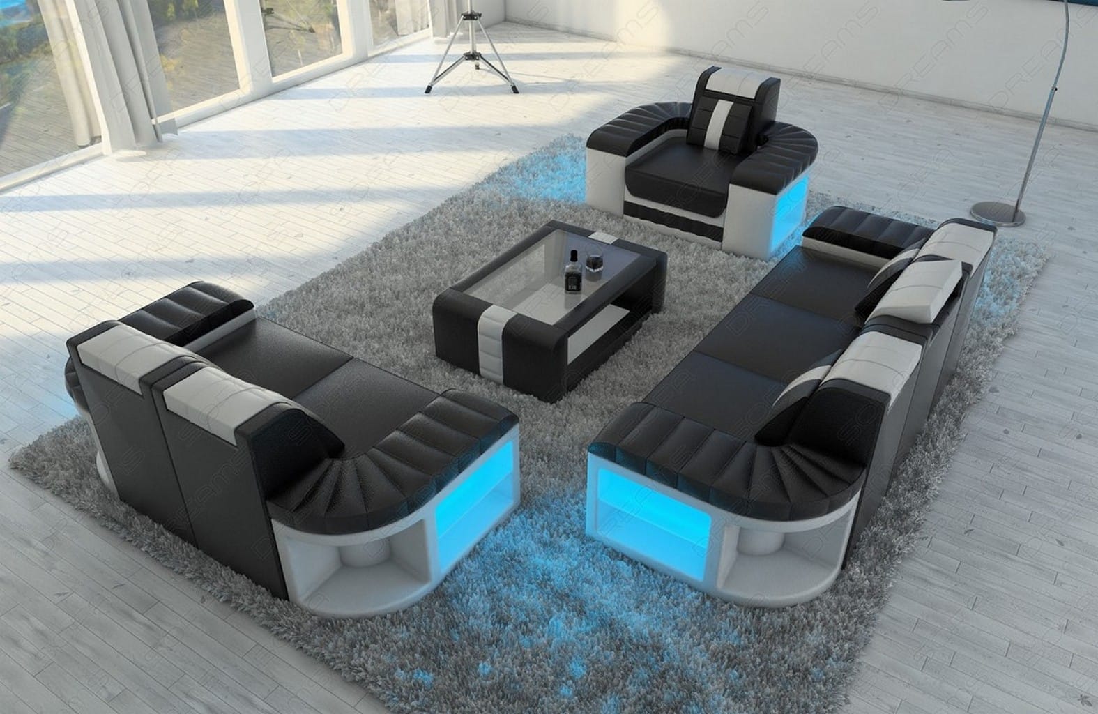Design Sofagarnitur Bellagio 3er, 2er, 1er Set Schwarz-Weiß
