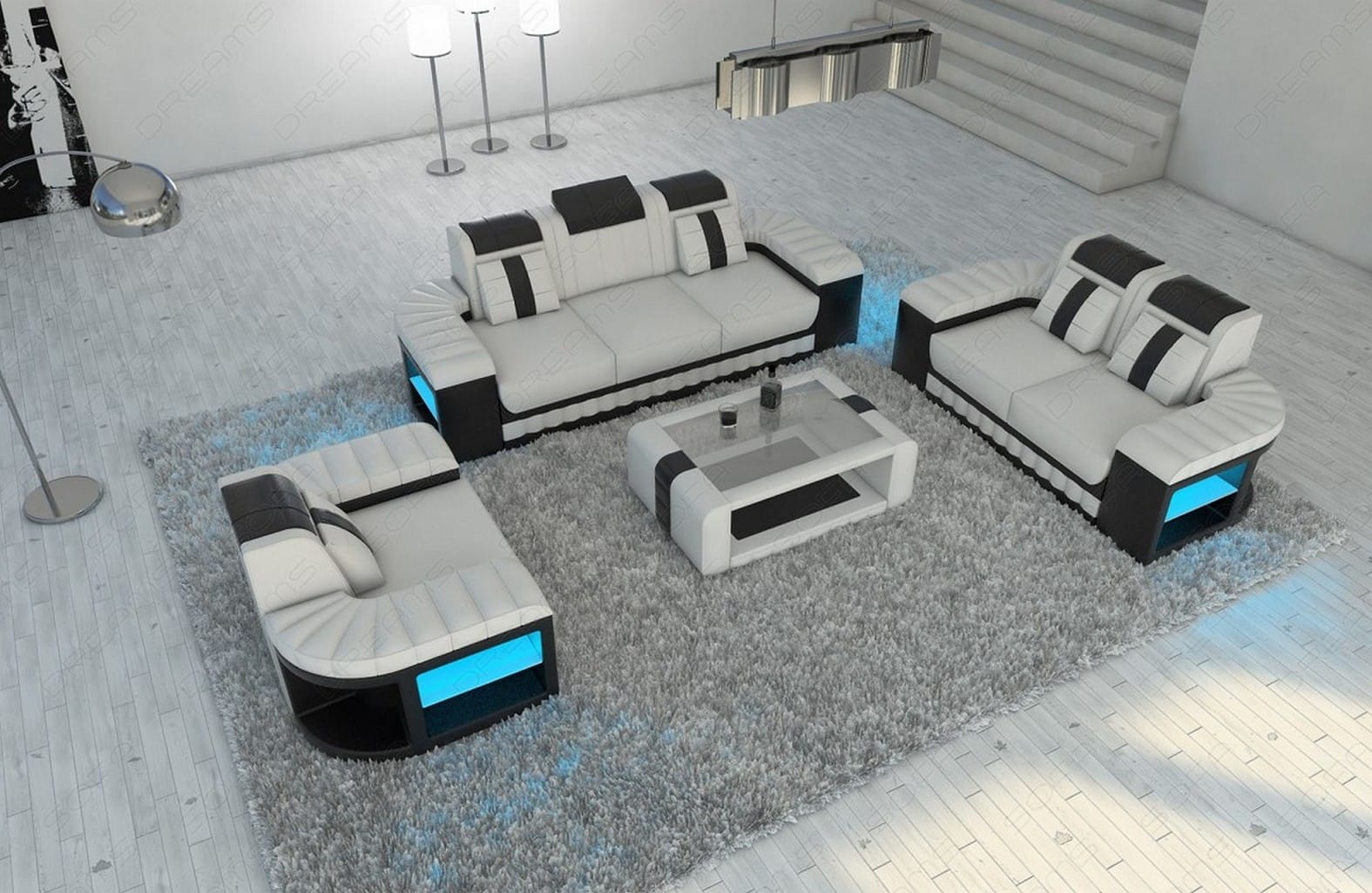 Design Sofagarnitur Bellagio 3er, 2er, 1er Set Weiß-Schwarz