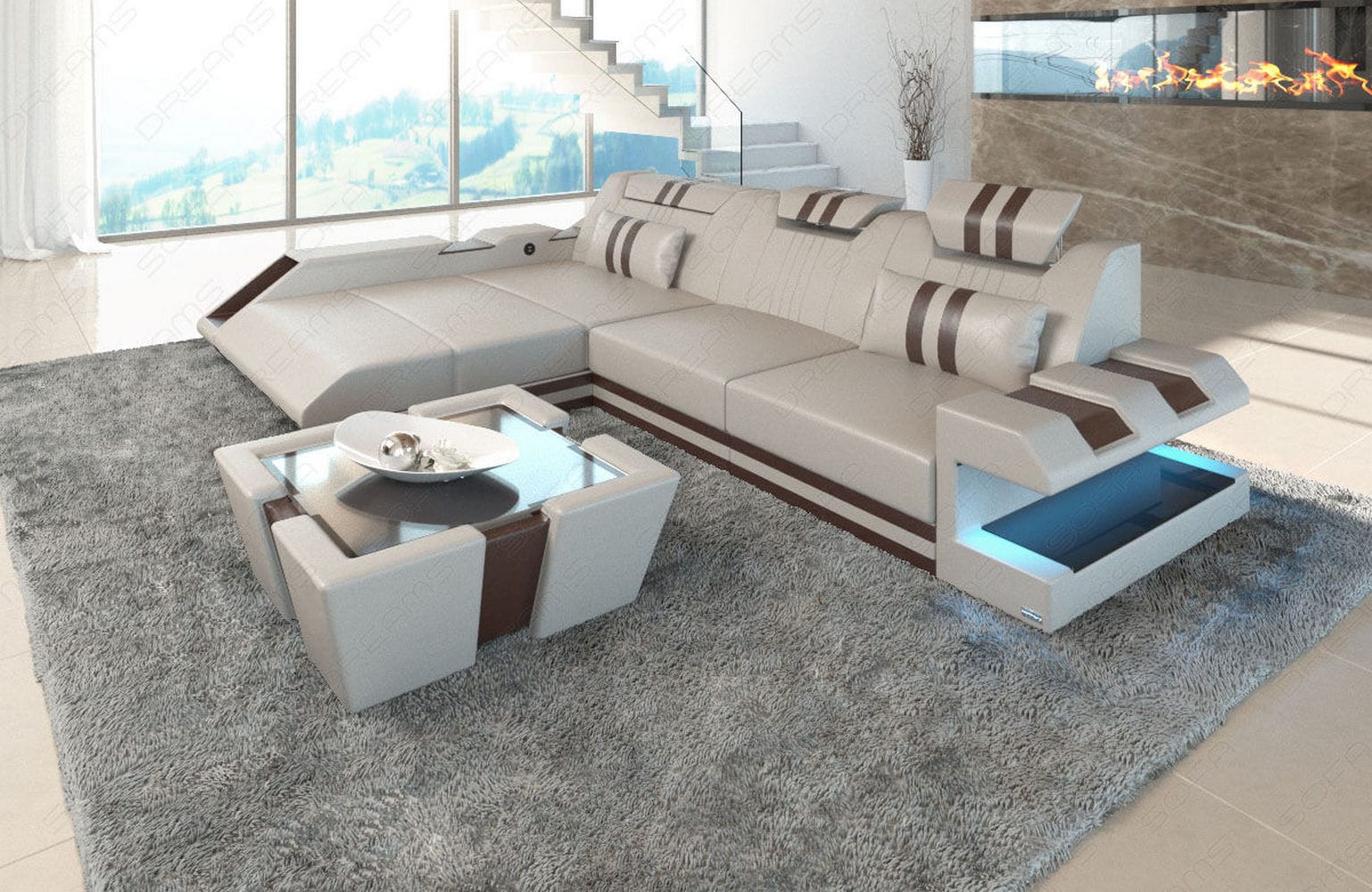 Ledersofa Apollonia L-Form – Stil & Komfort beige-dunkelbraun