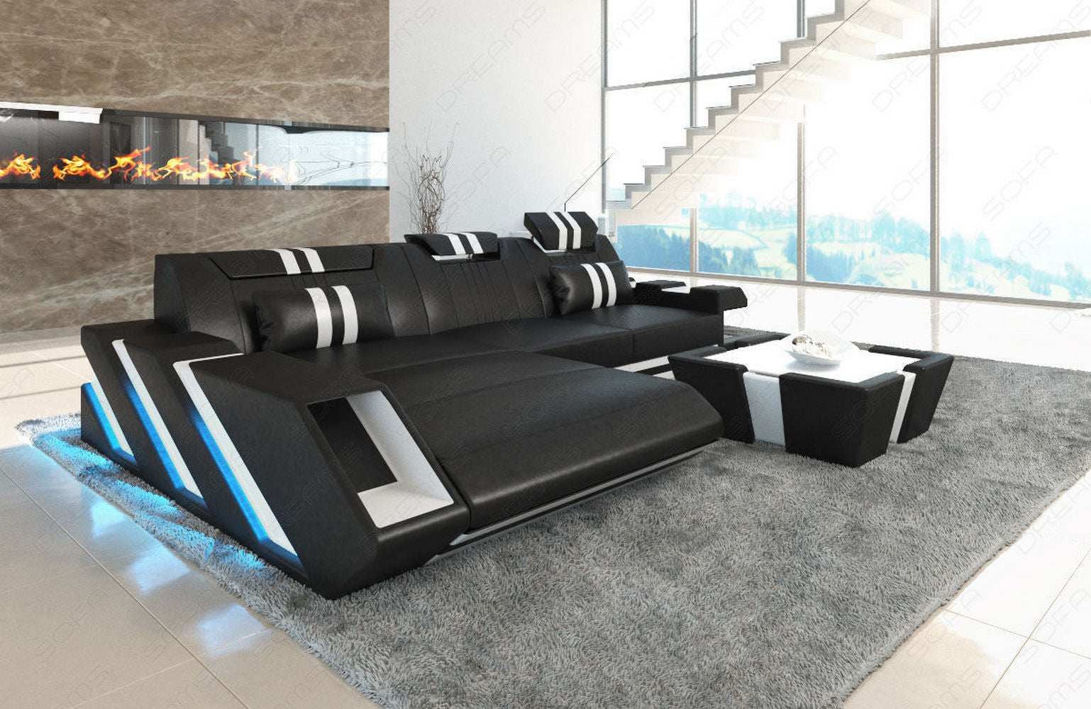 Ledersofa Apollonia L-Form – Stil & Komfort schwarz-weiß