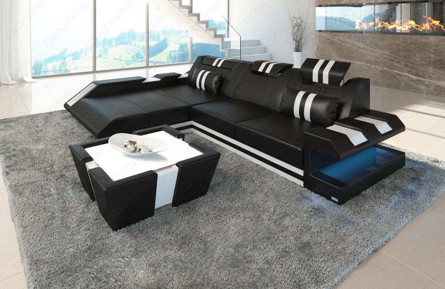 Ledersofa Apollonia L-Form – Stil & Komfort schwarz-weiß