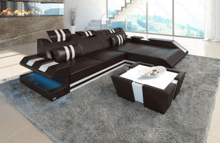 Ecksofa Apollonia L-Form aus Leder dunkelbraun-weiß