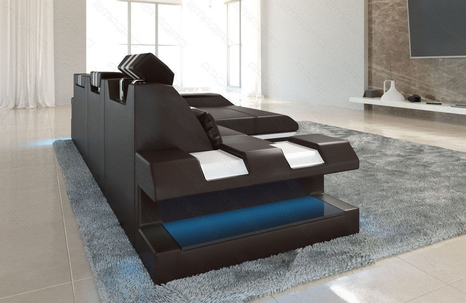 Ecksofa Apollonia L-Form aus Leder dunkelbraun-weiß