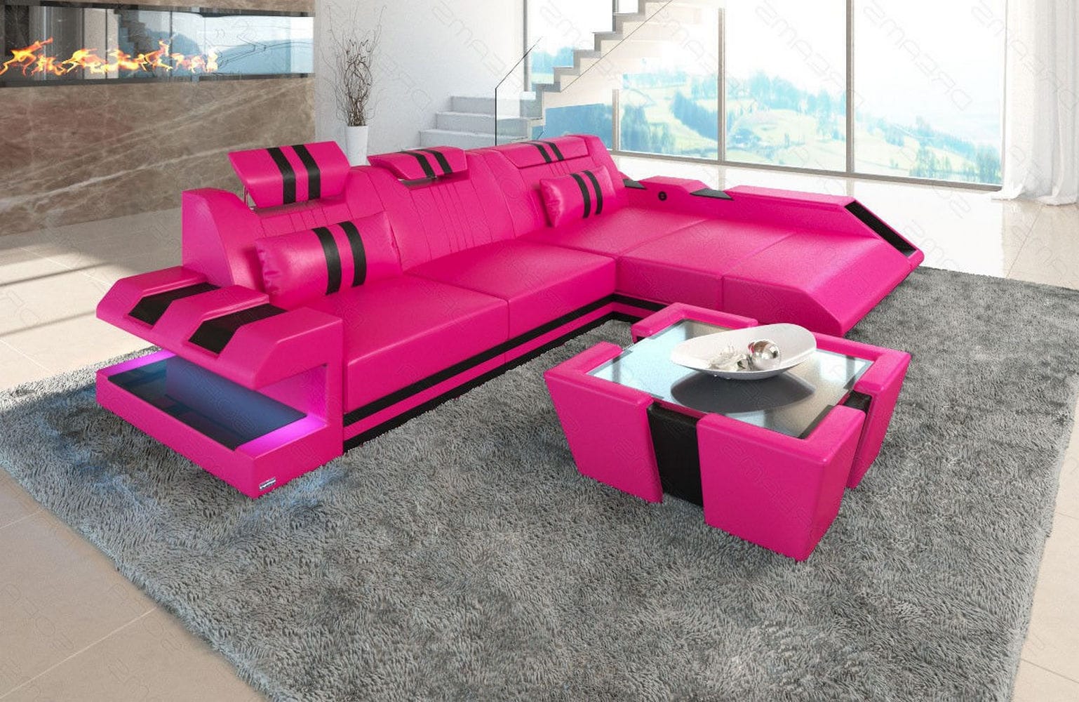 Ledersofa Apollonia L-Form – Stil & Komfort pink-schwarz