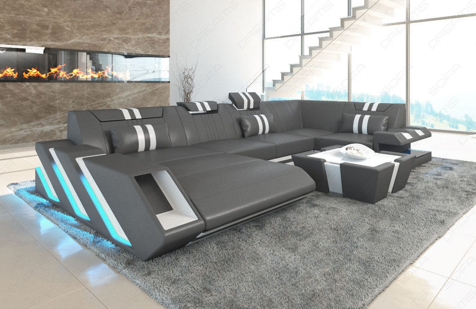 Ledercouch Apollonia U-Form – Komfort & Stil grau-weiß