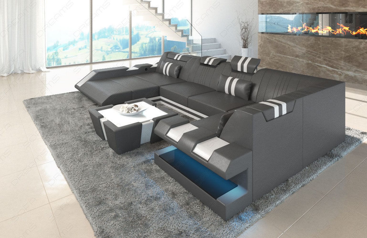 Ledercouch Apollonia U-Form – Komfort & Stil grau-weiß